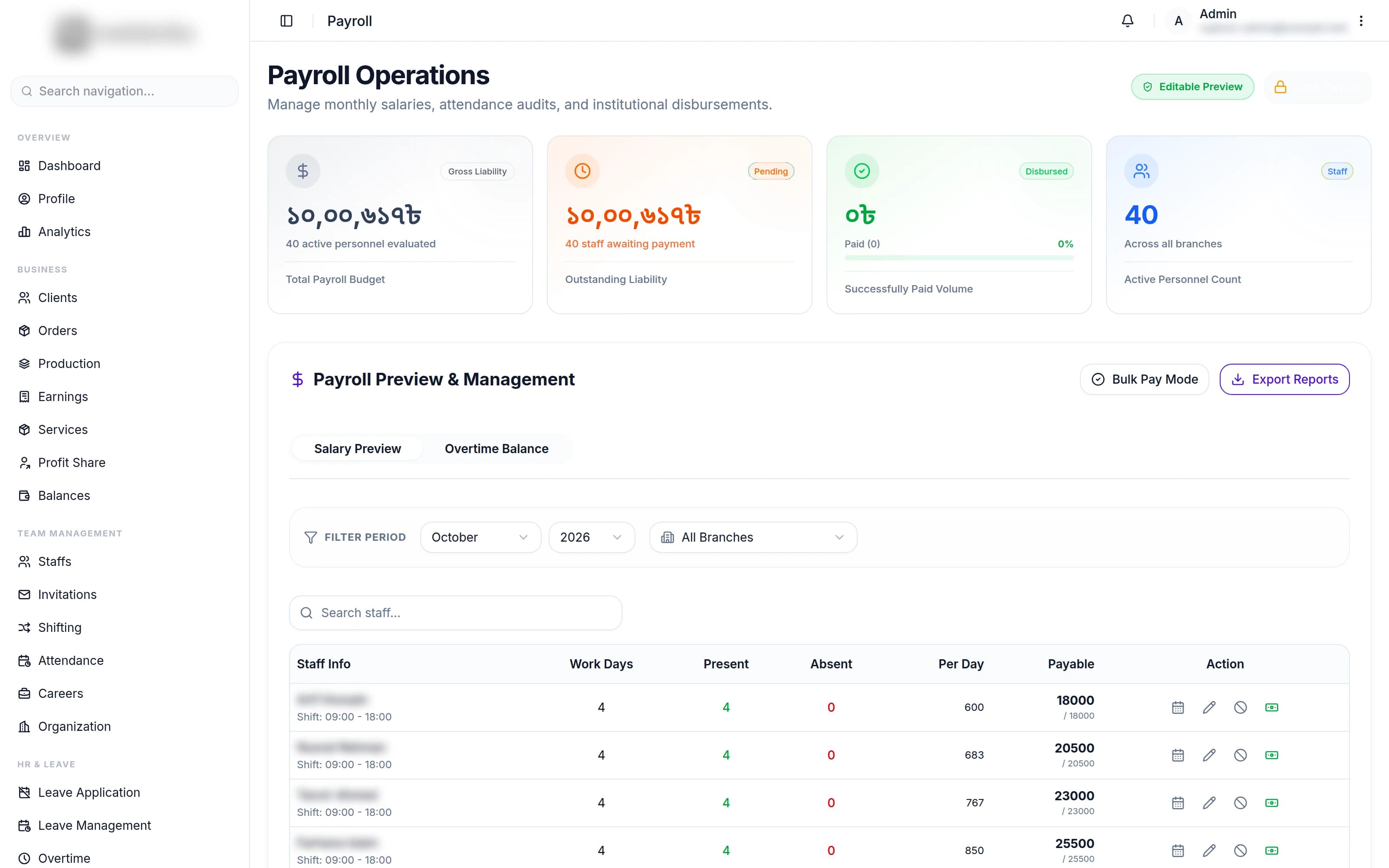 HR platform, Payroll Operations screen with payroll totals and the salary preview table