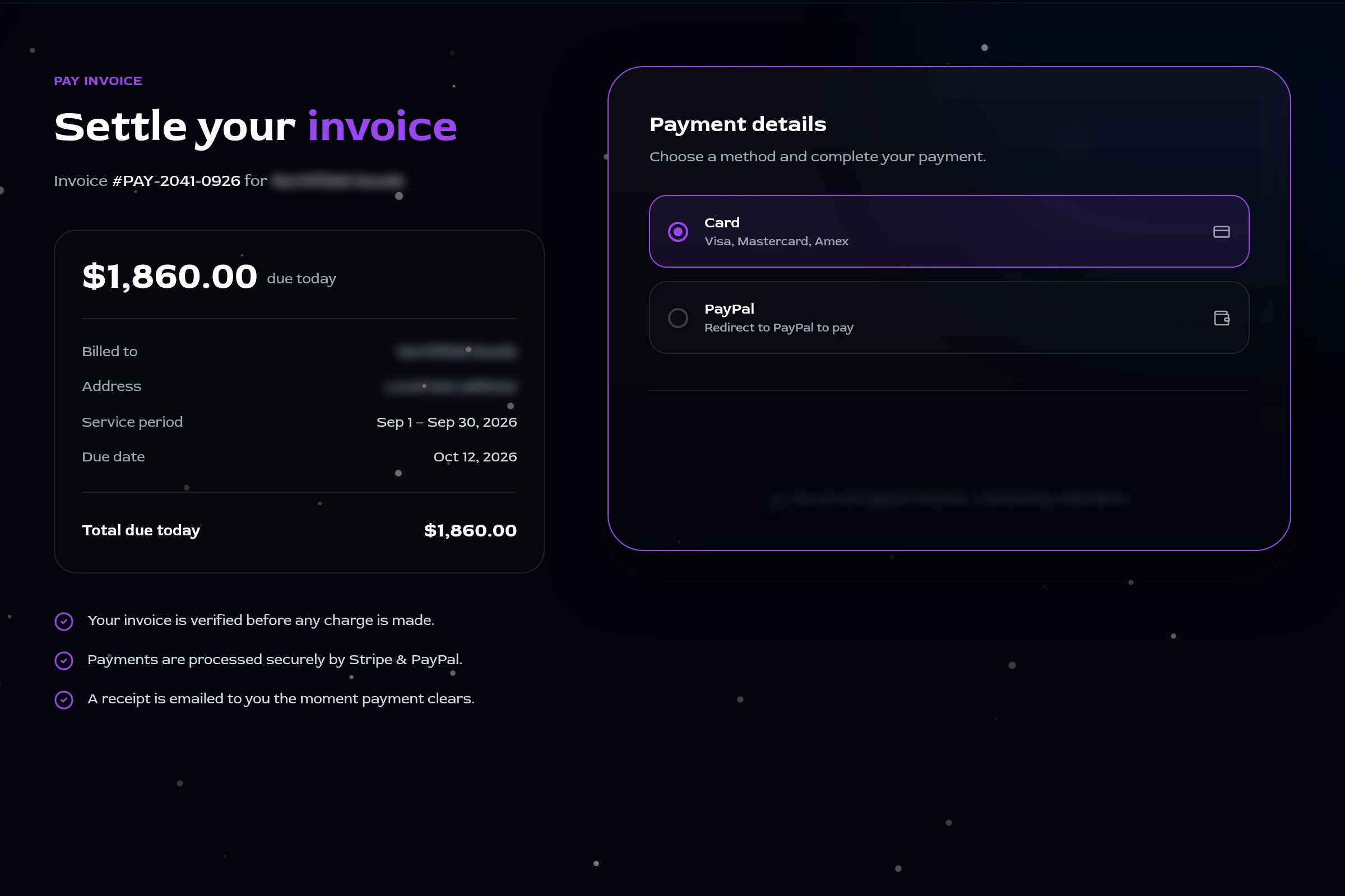 Payment page for an invoice, with the amount due, billing details and card or PayPal options