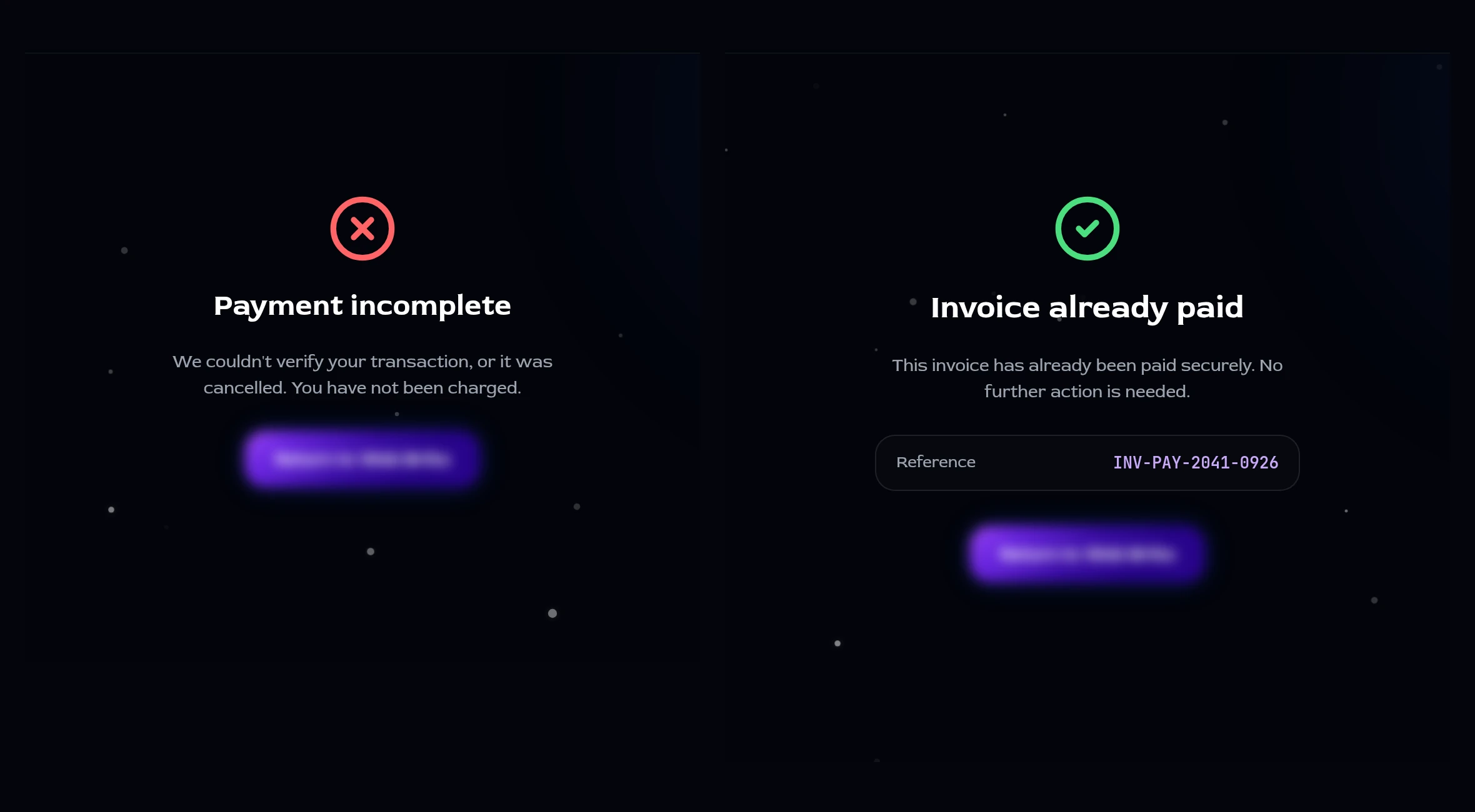 Two payment outcomes: payment incomplete, and invoice already paid
