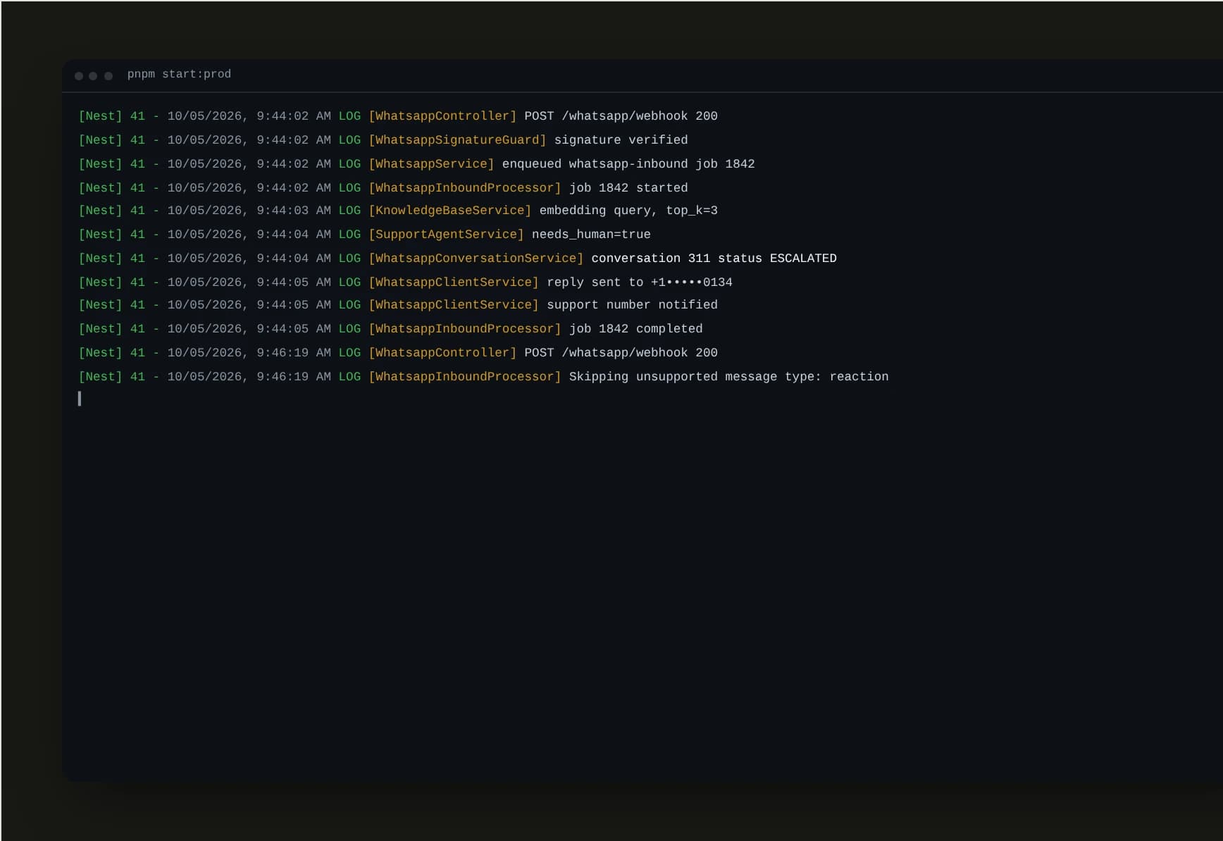 Server logs for one escalated WhatsApp conversation, from webhook to agent alert