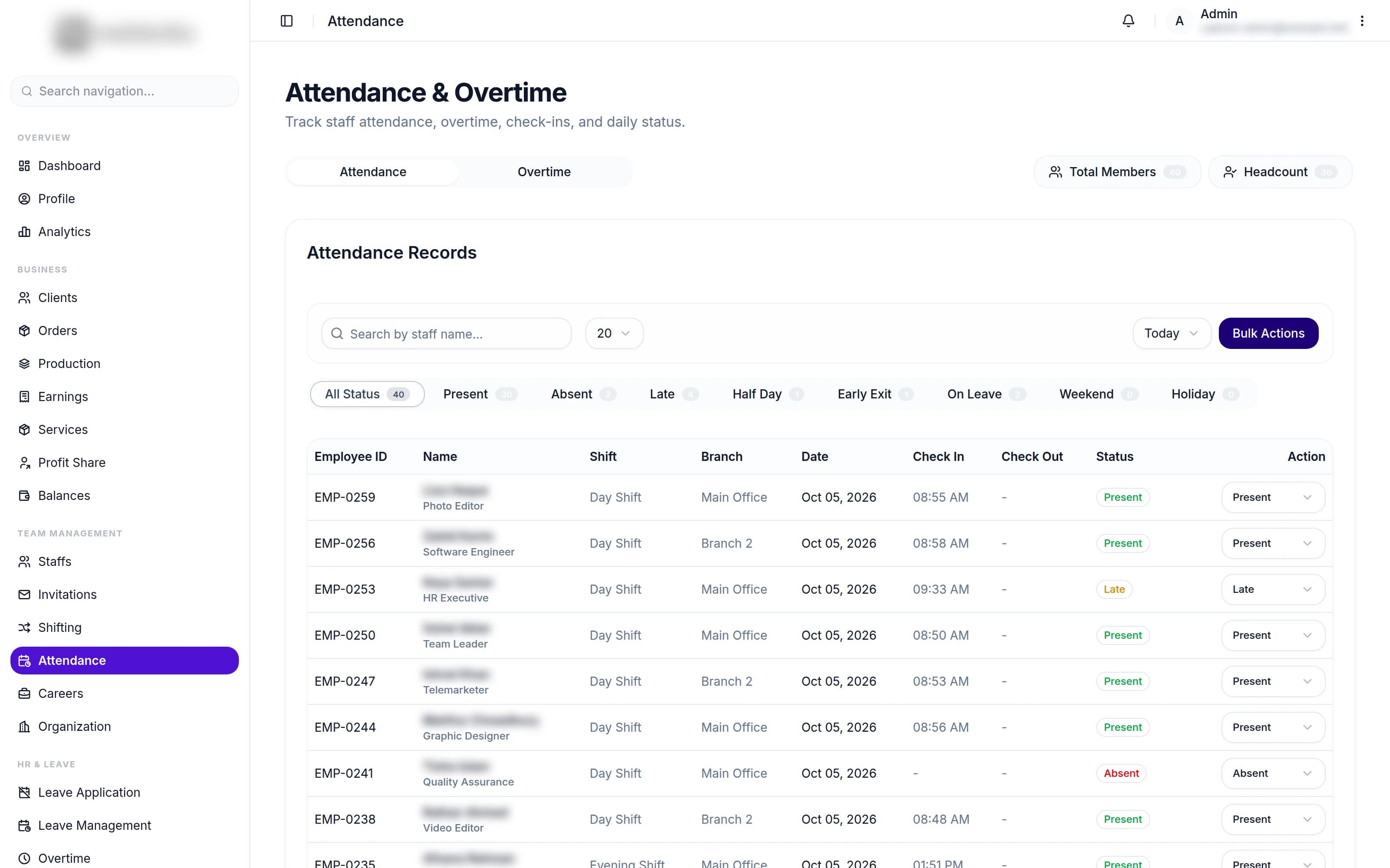 HR platform, Attendance and Overtime screen with daily status filters and the attendance table