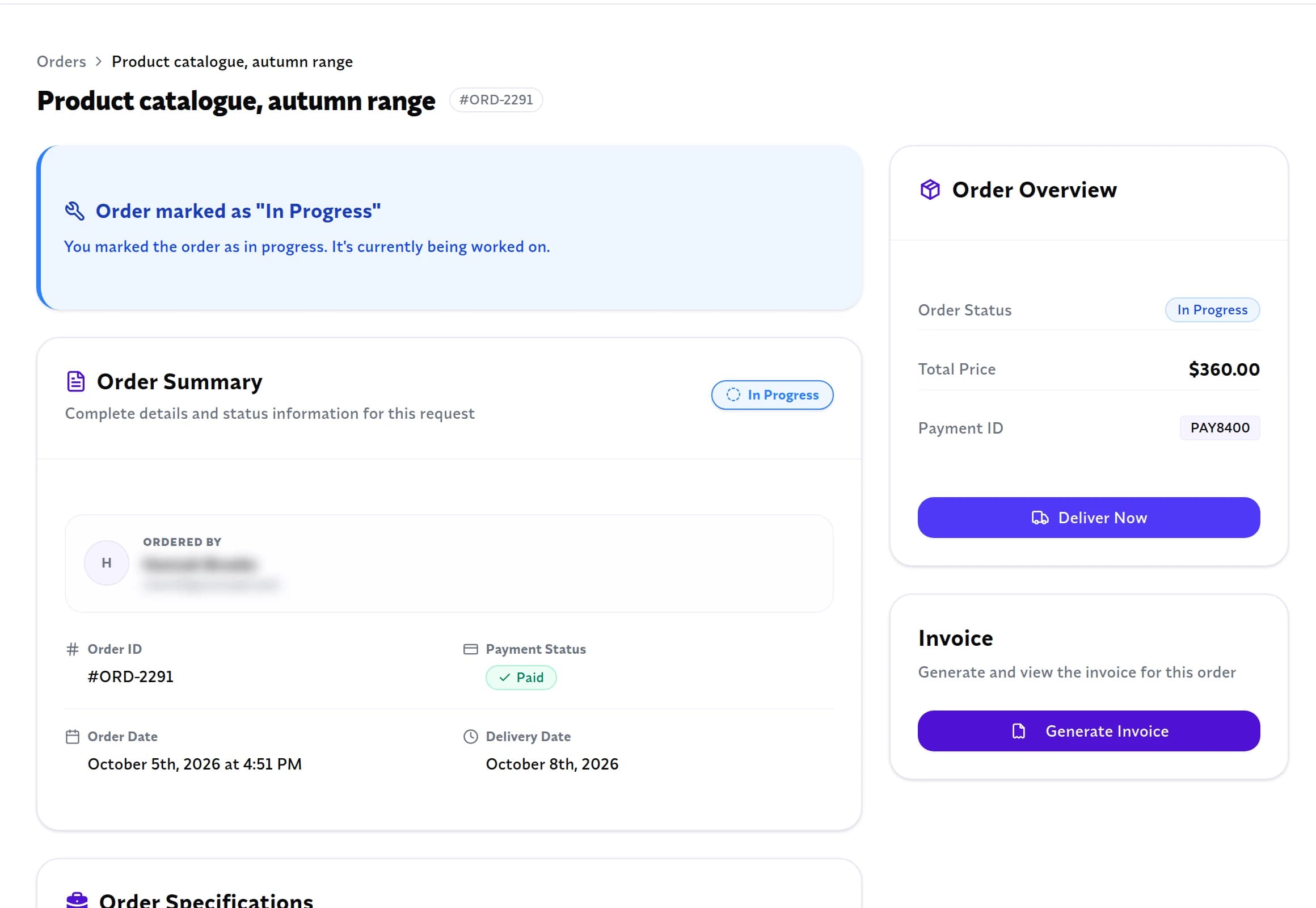 Client portal, order detail with order summary, payment status and order overview