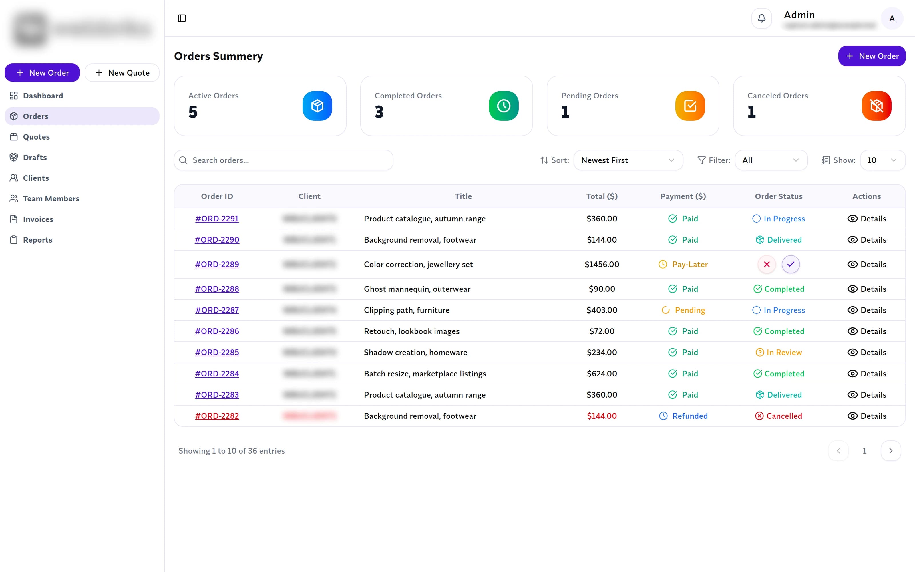 Client portal, Orders Summary with order, payment and delivery status for each order